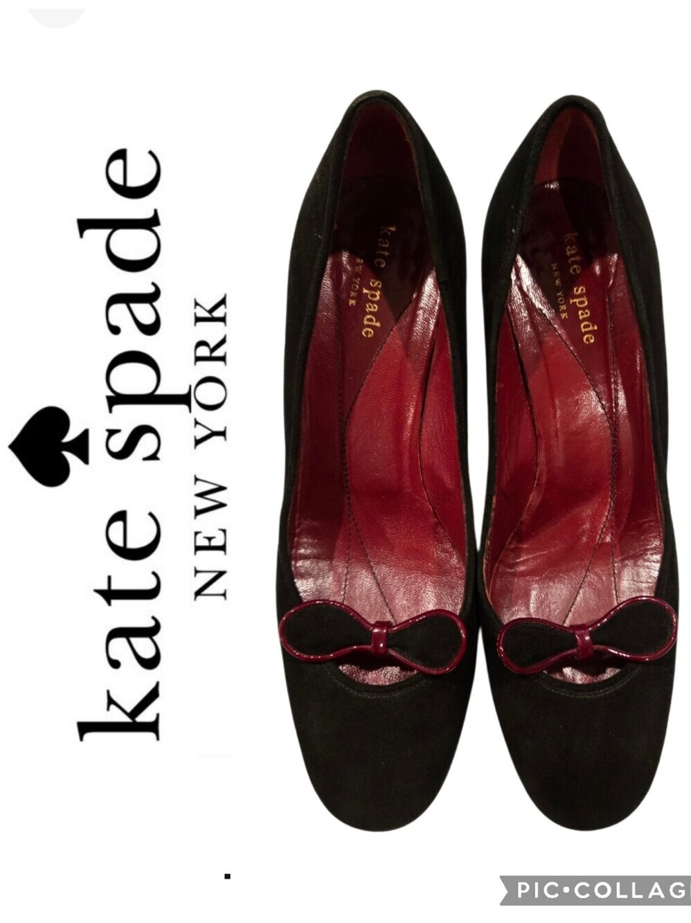 KATE SPADE ROUND TOE BLACK SUEDE RED BOW HEEL PUMP Sz 7.5 Us
